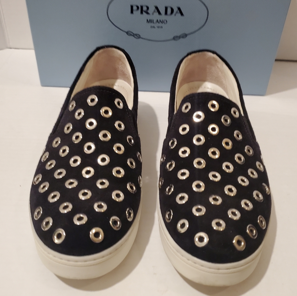 SOLD-VGC Prada Grommet Suede Stud Slip-On Sneaker Shoes Platform Sz 7
